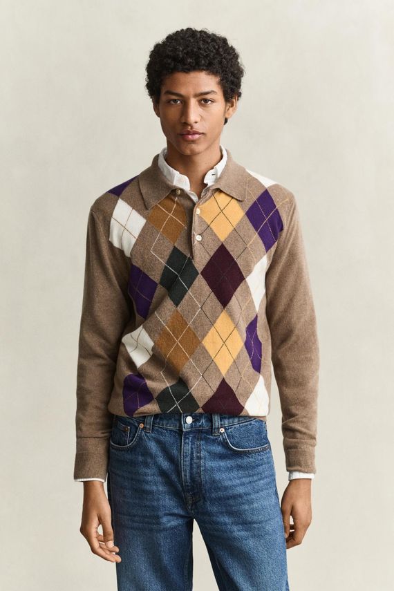 SUPERFINE LAMBSWOOL ARGYLE POLO
